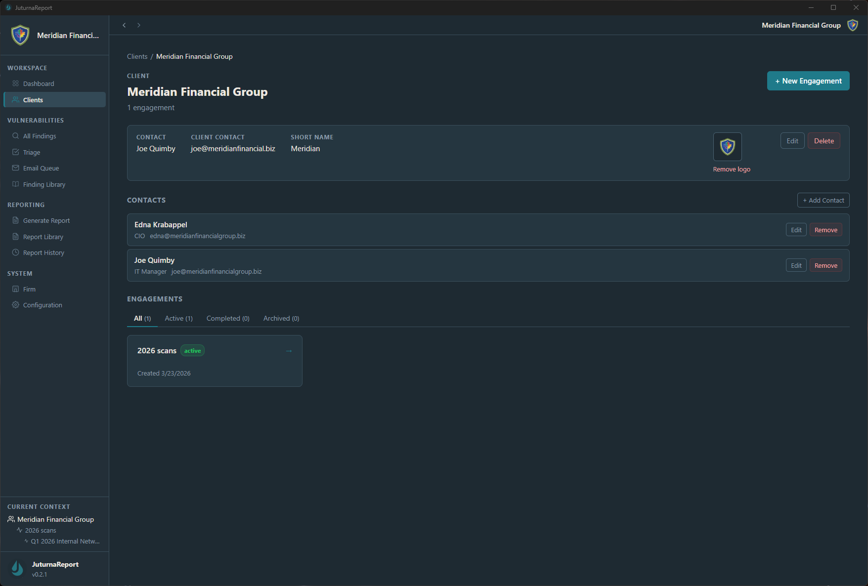 JuturnaReport client and engagement management view showing organized client list with engagement history